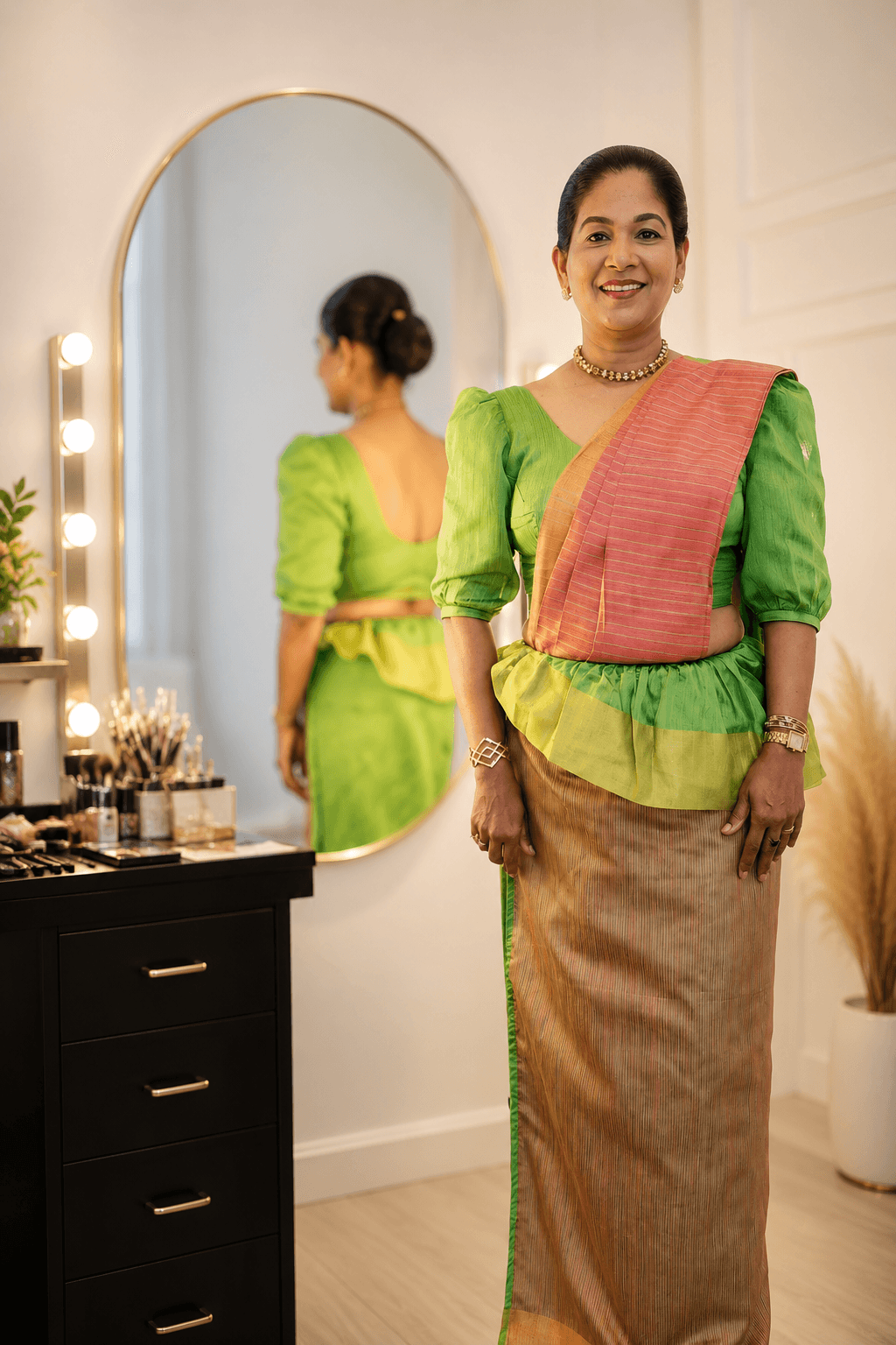 Special-occasion makeup and styling with a green and pink saree