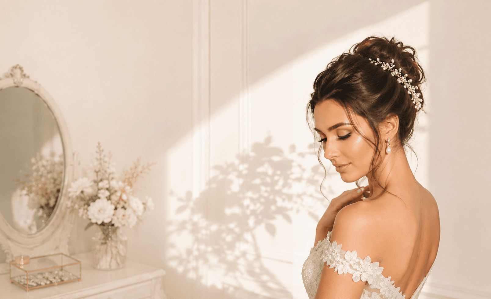 Bride with a soft updo and natural, radiant bridal makeup in warm daylight
