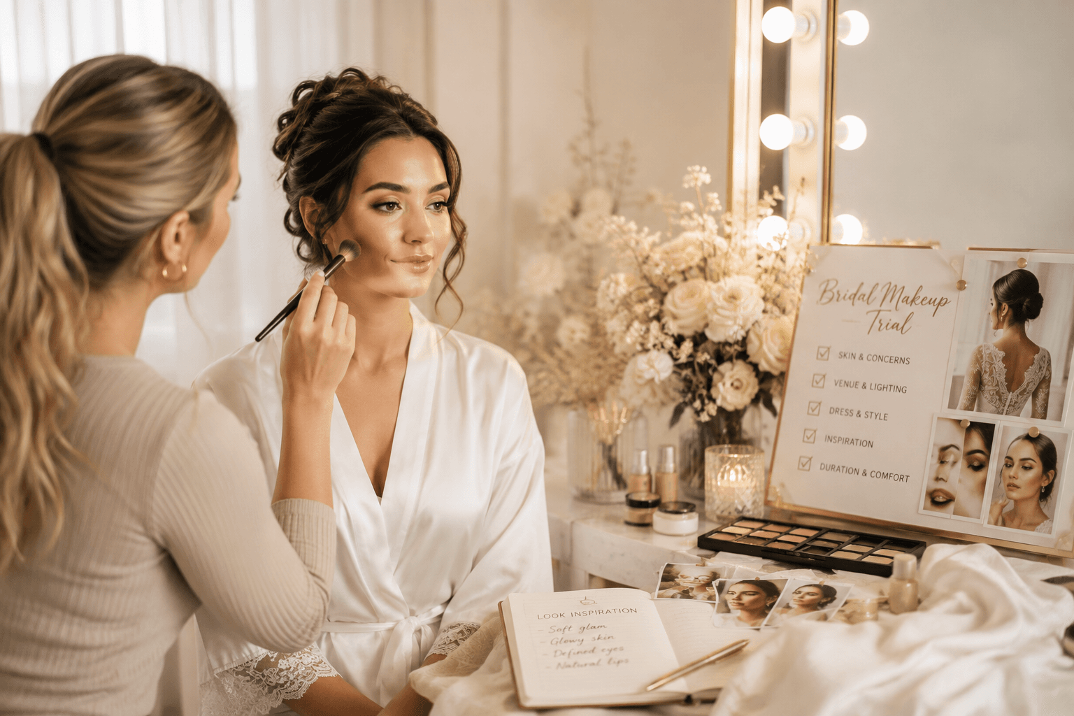 A makeup artist applying blusher during a bridal trial, beside a trial checklist board and a notebook of look inspiration