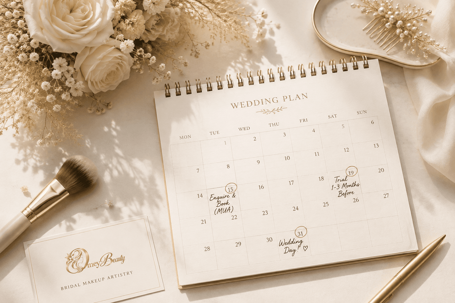 A wedding-planning desk calendar with the enquiry date, the trial one to three months before, and the wedding day circled, beside white roses, a makeup brush and an Omey Beauty card