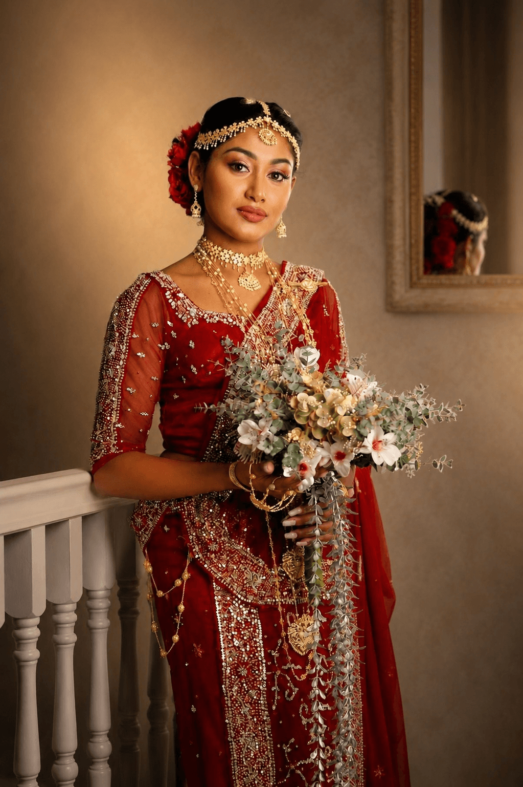 Bride in a red embellished bridal saree with traditional jewellery and bouquet